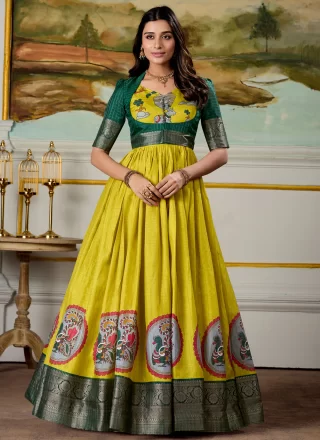 Green Pure Dola Fancy, Print, Weaving and Zari Work  Designer Gown