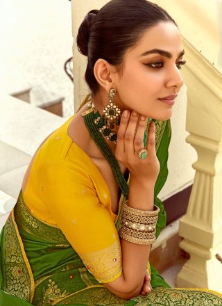 Green Pure Dola Traditional Saree with Cut Dana, Moti, Weaving and Zari Work