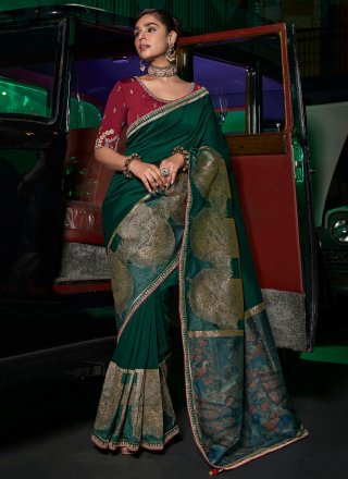 Green Pure Silk Contemporary Sari