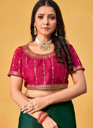 Green Rangoli Contemporary Sari with Patch Border, Crystals, Embroidered and Swarovski Work