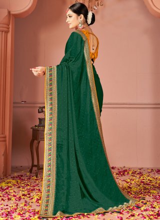 Green Rangoli Designer Saree with Patch Border and Embroidered Work
