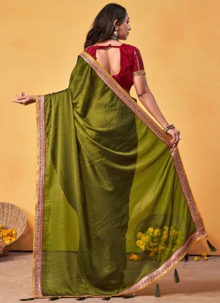 Green Rangoli Patch Border, Crystals, Embroidered and Swarovski Work Designer Saree for Ceremonial