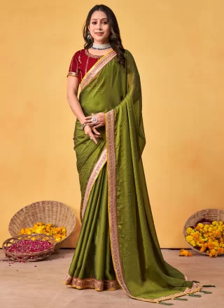 Green Rangoli Patch Border, Crystals, Embroidered and Swarovski Work Designer Saree for Ceremonial