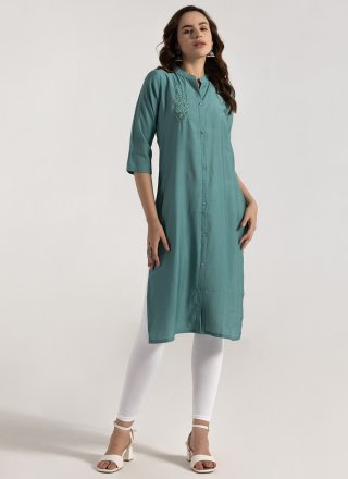 Green Rayon Casual Kurti with Embroidered Work