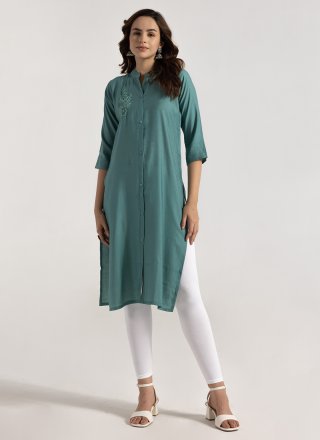 Green Rayon Casual Kurti with Embroidered Work