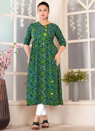 Green Rayon Digital Print Work Designer Kurti for Casual