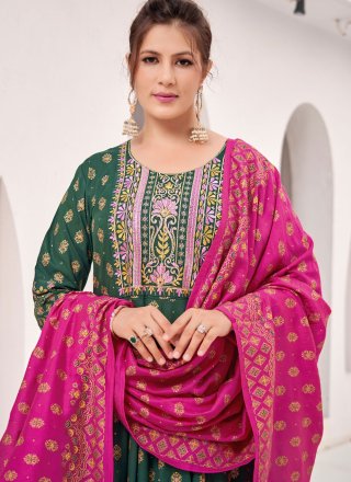 Green Rayon Embroidered and Foil Print Work Gown
