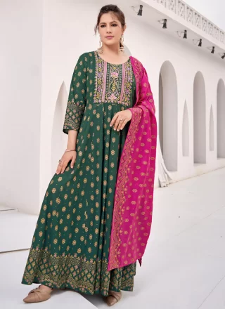 Green Rayon Embroidered and Foil Print Work Gown