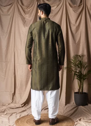 Green Rayon Embroidered and Thread Work Kurta Pyjama for Ceremonial