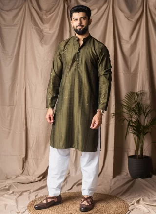 Green Rayon Embroidered and Thread Work Kurta Pyjama for Ceremonial