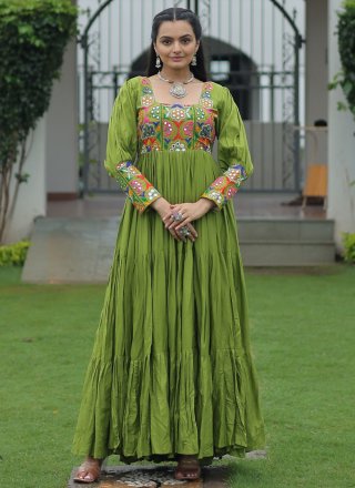 Green Rayon Gamthi Work Gown