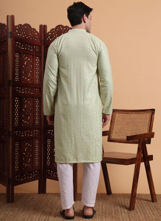 Green Rayon Kurta Pyjama with Chikankari and Embroidered Work