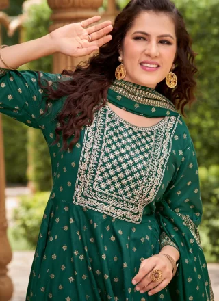 Green Rayon Pant Style Suit with Embroidered and Foil Print Work for Festival