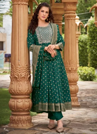 Green Rayon Pant Style Suit with Embroidered and Foil Print Work for Festival