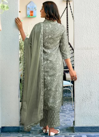 Green Rayon Pant Style Suit with Print Work