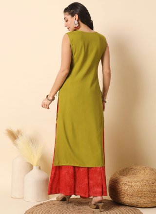 Green Rayon Plain Work Casual Kurti