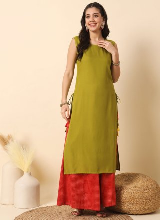 Green Rayon Plain Work Casual Kurti