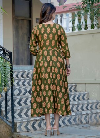 Green Rayon Print Work Designer Kurti for Casual