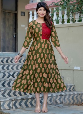 Green Rayon Print Work Designer Kurti for Casual