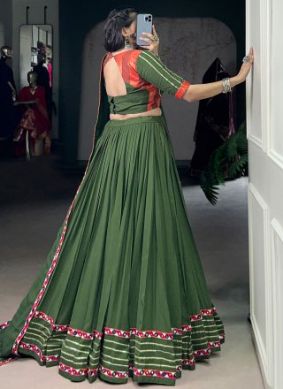 Green Rayon Readymade Lehenga Choli with Gamthi, Lace and Mirror Work