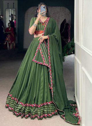 Green Rayon Readymade Lehenga Choli with Gamthi, Lace and Mirror Work