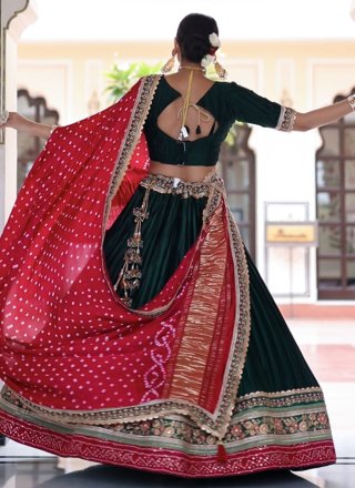 Green Satin Fancy and Lace Work Lehenga Choli
