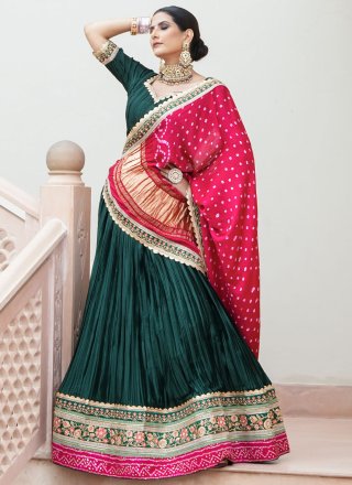 Green Satin Fancy and Lace Work Lehenga Choli