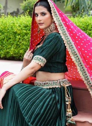Green Satin Fancy and Lace Work Lehenga Choli