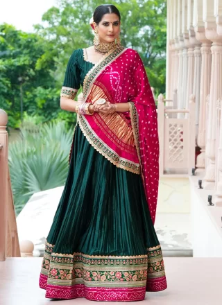 Green Satin Fancy and Lace Work Lehenga Choli