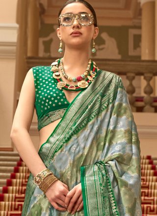 Green Satin Print and Weaving Work Designer Saree