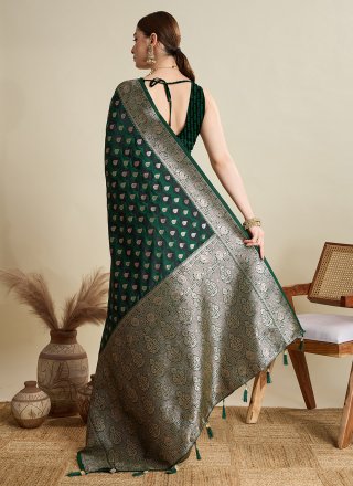Green Satin Silk Contemporary Saree with Woven Work