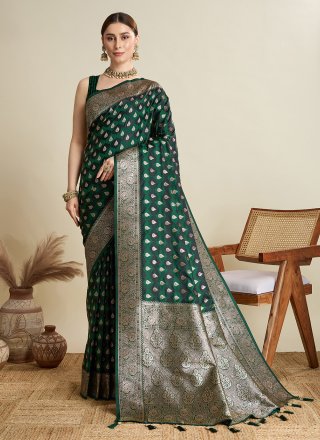 Green Satin Silk Contemporary Saree with Woven Work