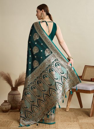 Green Satin Silk Contemporary Sari with Woven Work