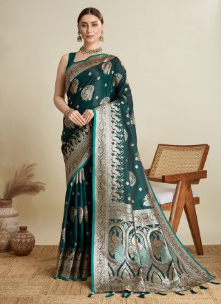 Green Satin Silk Contemporary Sari with Woven Work