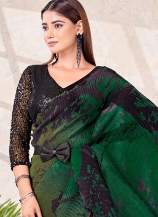 Green Satin Silk Designer Sari with Abstract Print Work for Ceremonial