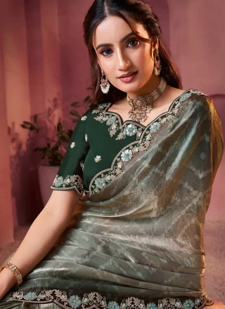 Green Satin Silk Embroidered and Print Work Classic Saree