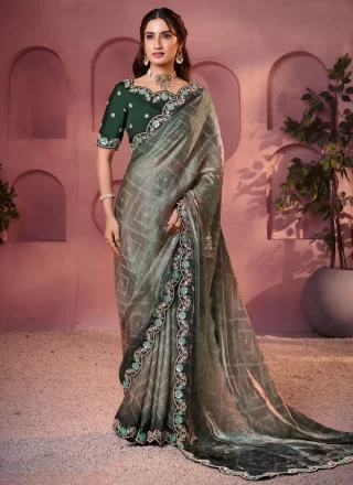 Green Satin Silk Embroidered and Print Work Classic Saree