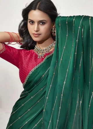 Green Satin Silk Trendy Saree with Fancy and Stone Work