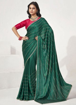 Green Satin Silk Trendy Saree with Fancy and Stone Work
