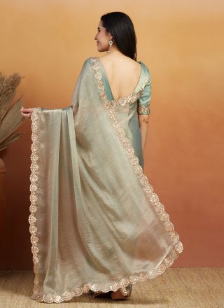Green Satin Trendy Saree with Embroidered Work