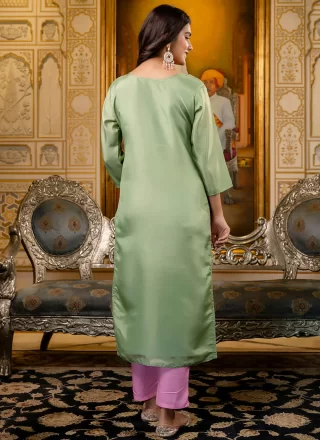 Green Shimmer Embroidered Work Casual Kurti