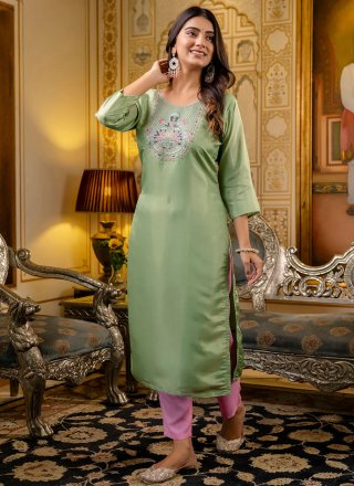 Green Shimmer Embroidered Work Casual Kurti