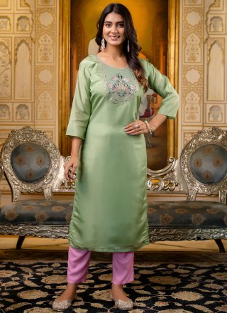 Green Shimmer Embroidered Work Casual Kurti
