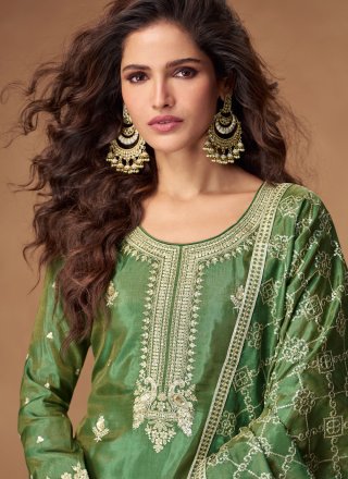 Green Shimmer Readymade Salwar Suit with Embroidered, Sequins and Zari Work