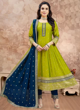 Green Silk Anarkali Suit with Jacquard Work