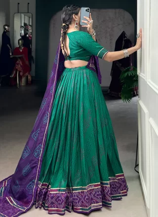 Green Silk Bandhej, Lace and Print Work A - Line Lehenga Choli