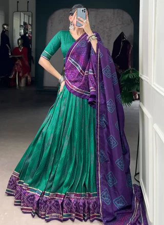Green Silk Bandhej, Lace and Print Work A - Line Lehenga Choli