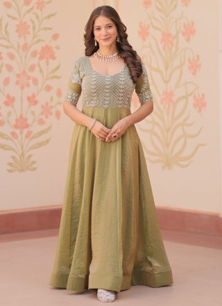 Green Silk Beads and Thread Work Gown