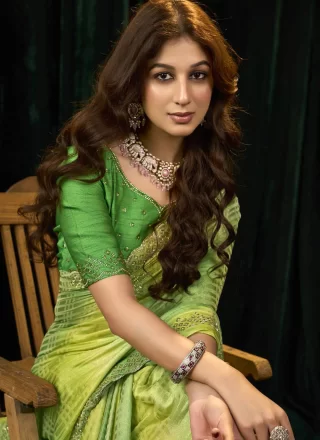 Green Silk Beads, Patch Border and Thread Work Traditional Saree for Ceremonial