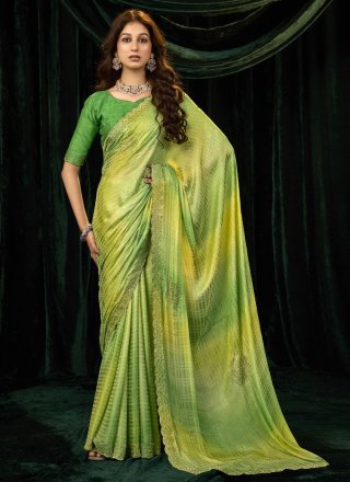 Green Silk Beads, Patch Border and Thread Work Traditional Saree for Ceremonial